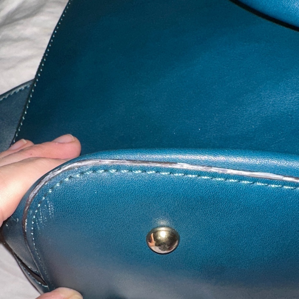 Adrienne Vittadini teal leather satchel gold accents charm and feet like new - Picture 13 of 16